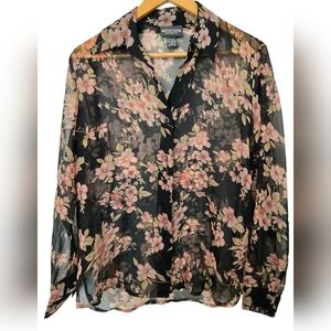 Notations Floral Sheer Black Blouse Size Medium